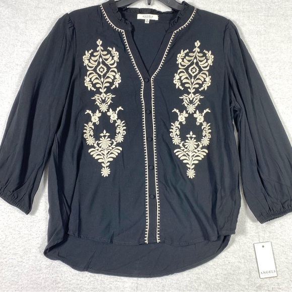 Angels Forever Young Boho Floral Blouse Women M Black Embroidered 3/4 Sleeve NWT - Picture 2 of 15